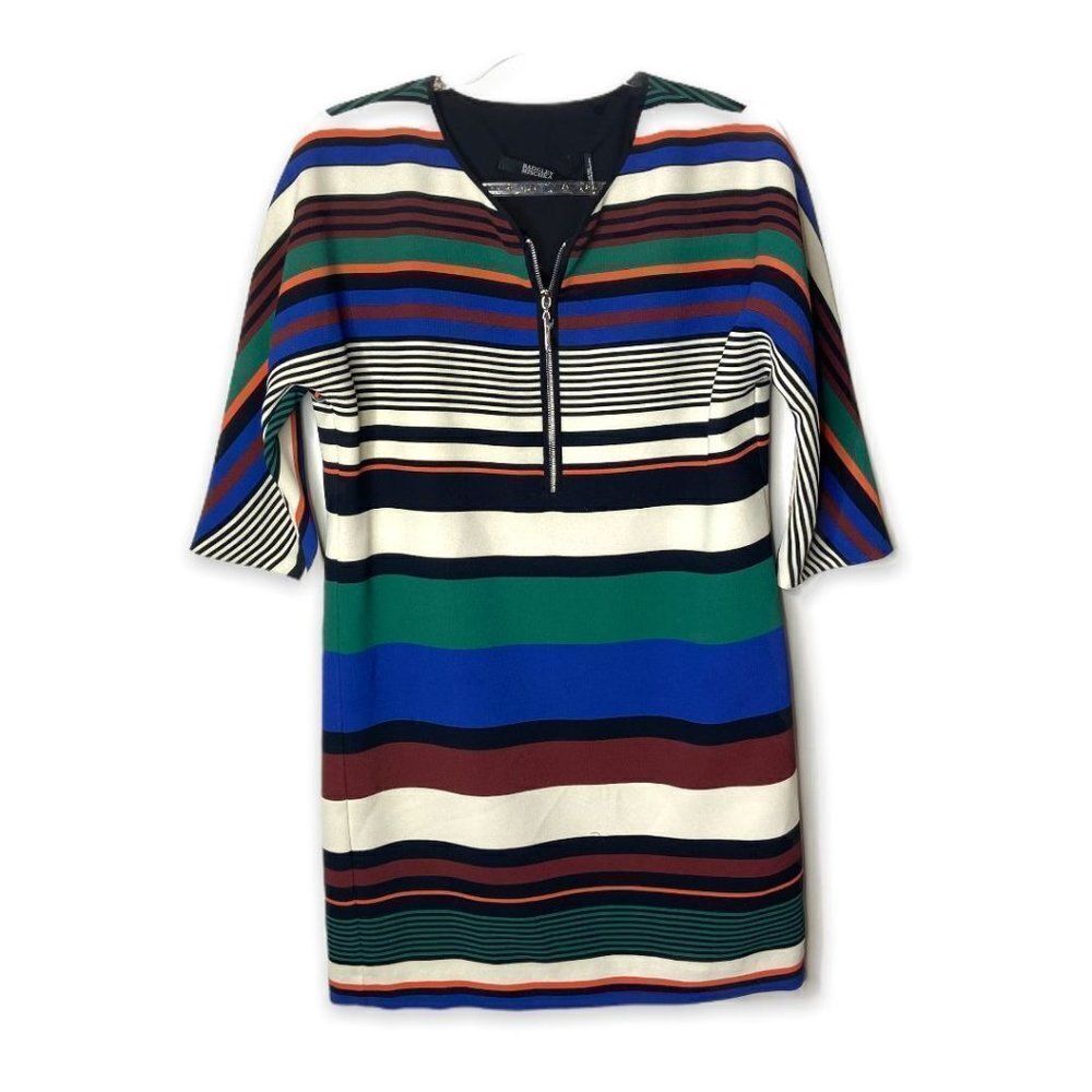 Badgley Mischka Womens Striped Printed Sheath Mini V-Neck Zip Up Dress Size M